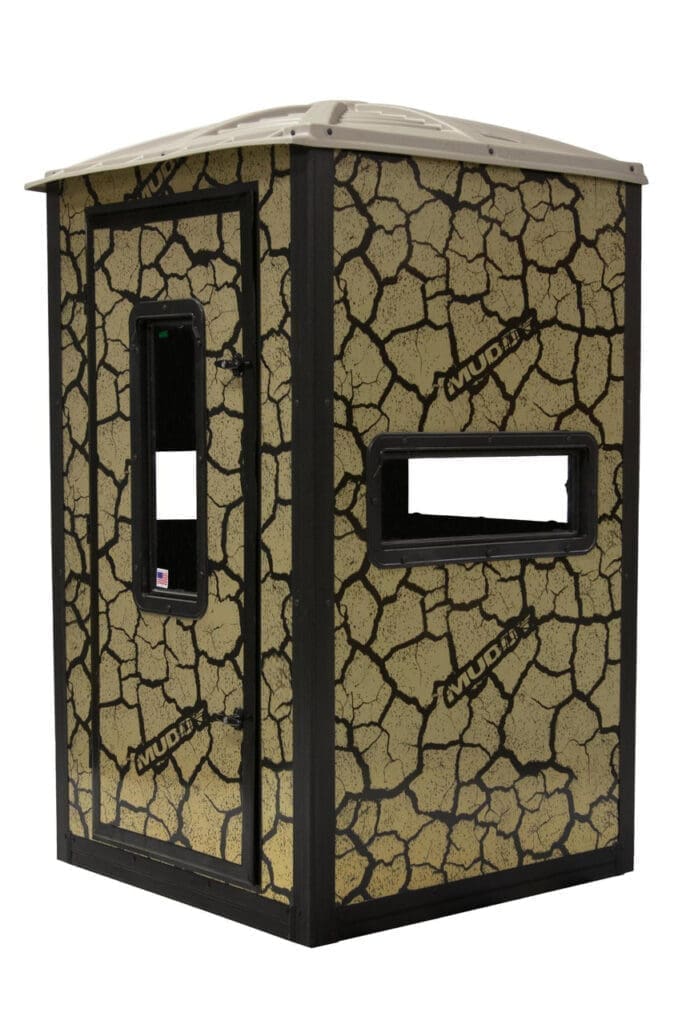 GUNNER BOX BLIND W/ DELUXE 10' TOWER / STEEL WALL CONSTUCTION / CRACKED MUD CAMO