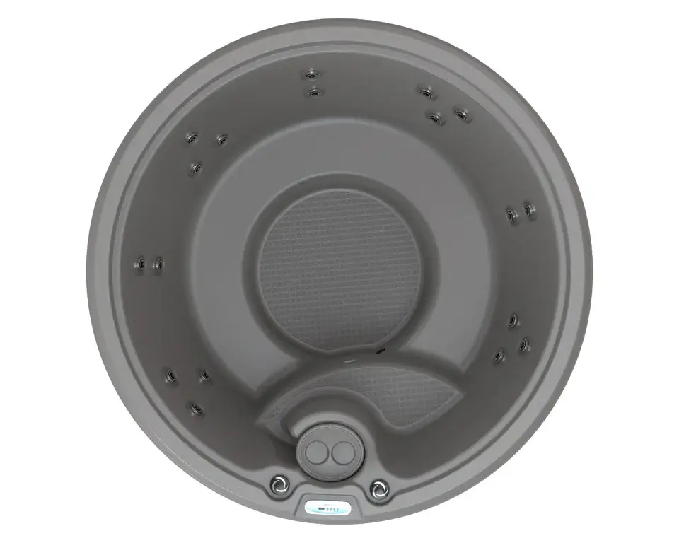 Overhead view of the DreamMaker Core 1800R round hot tub showing seating arranged around the footwell