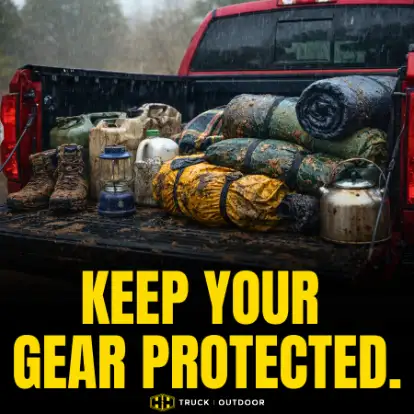 Red truck bed filled with camping gear, fishing rods, coolers, tarps, and lantern on wet ground