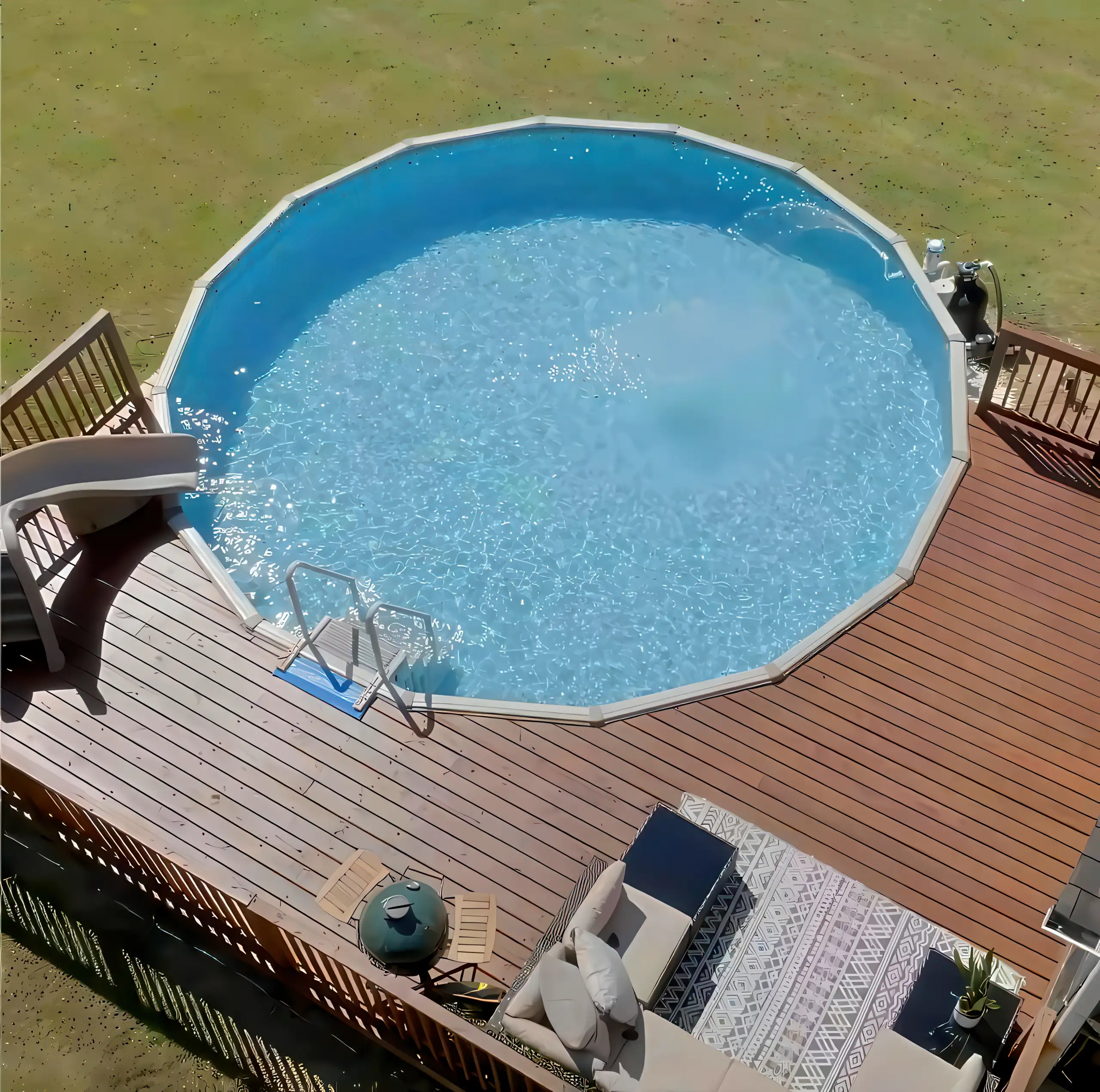 Complete H&H backyard setup featuring shed, pool, spa, and grill