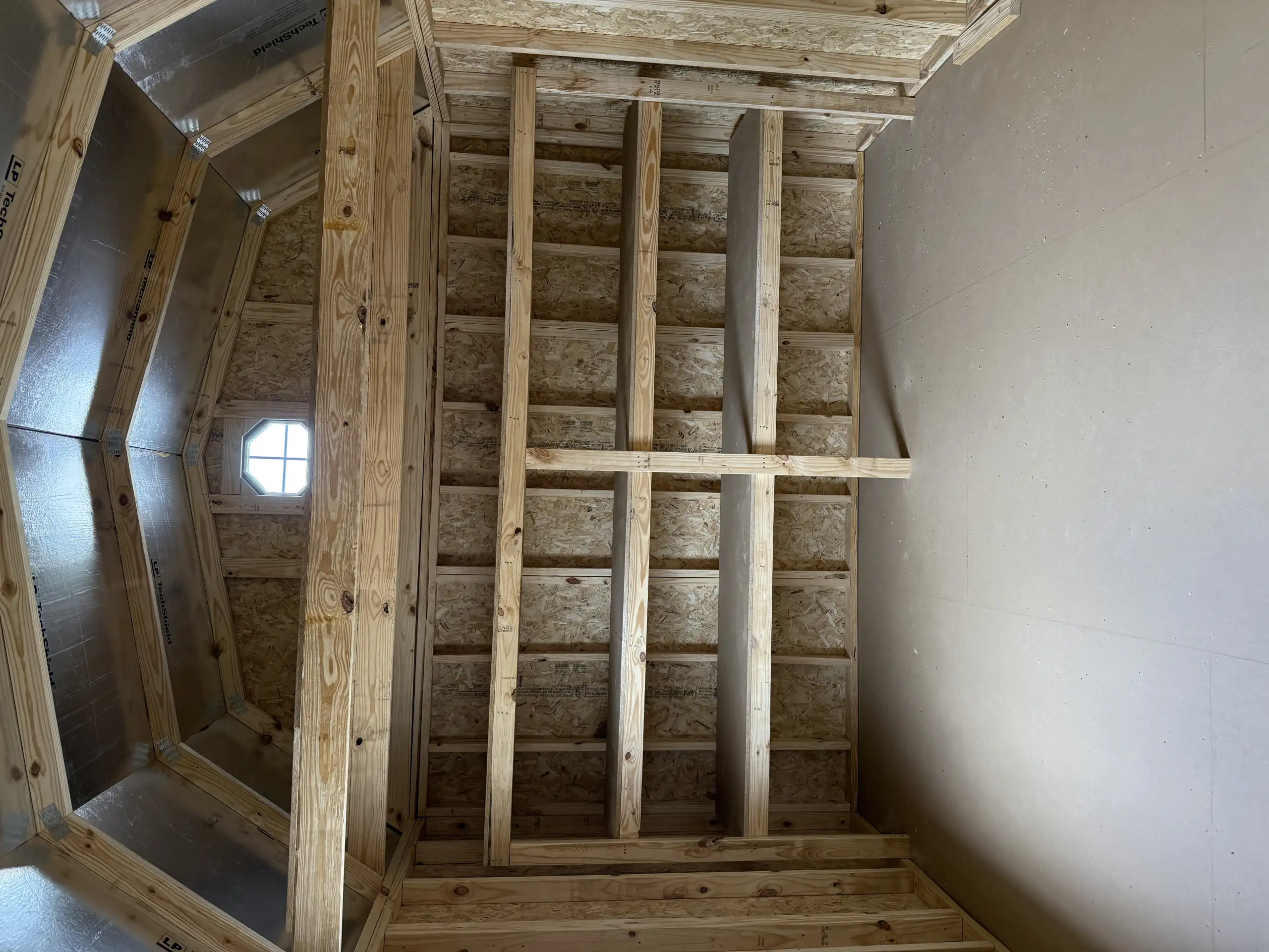 Interior of an unfinished shed looking up at exposed 2x4 roof framing, OSB sheathing, and a small octagonal window