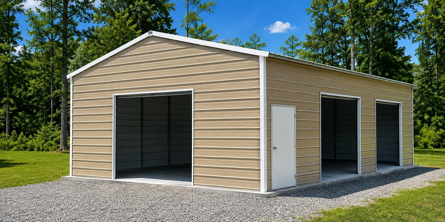 Steel carport on open ground under a clear blue sky