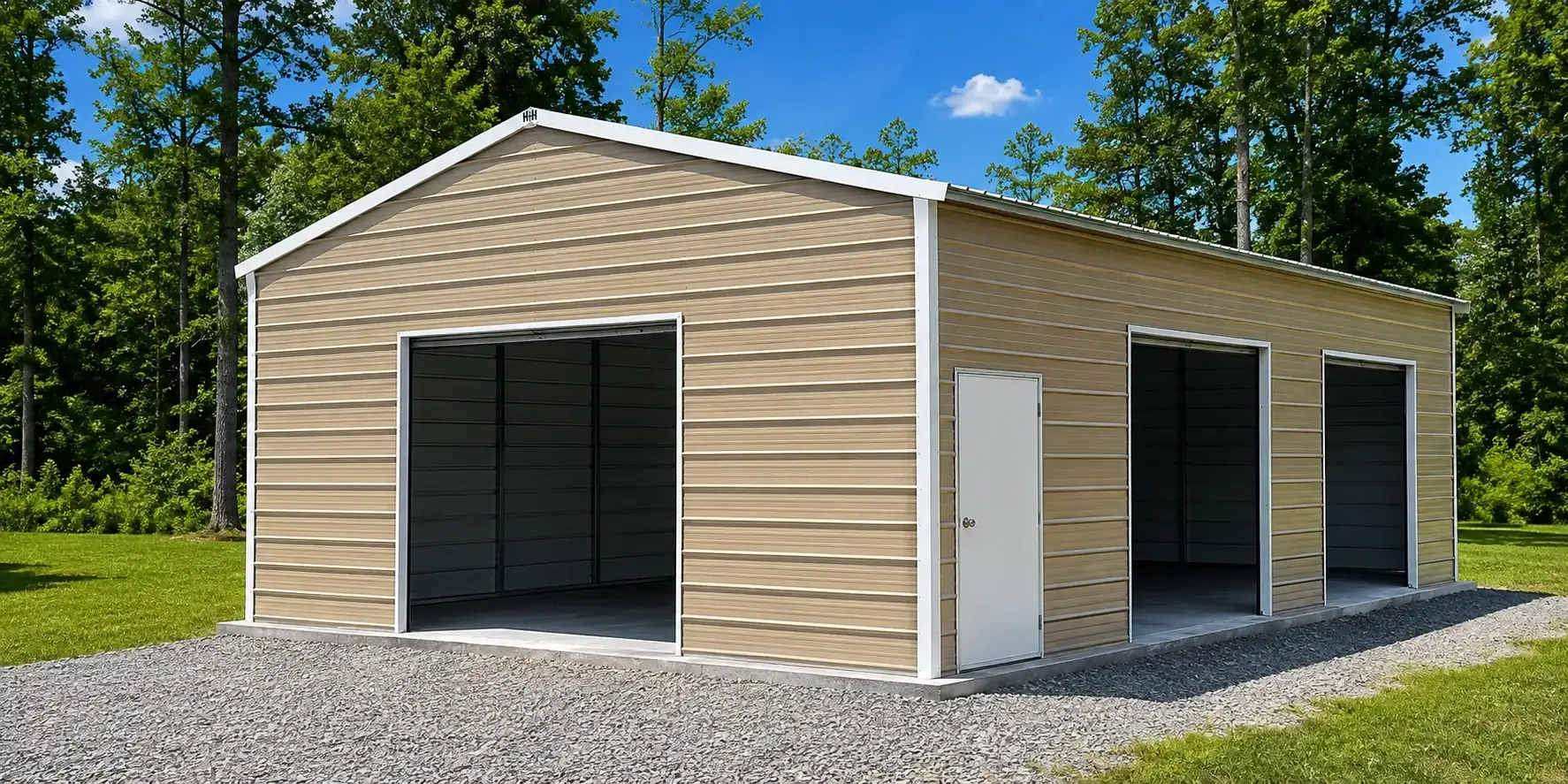 Steel carport on open ground under a clear blue sky