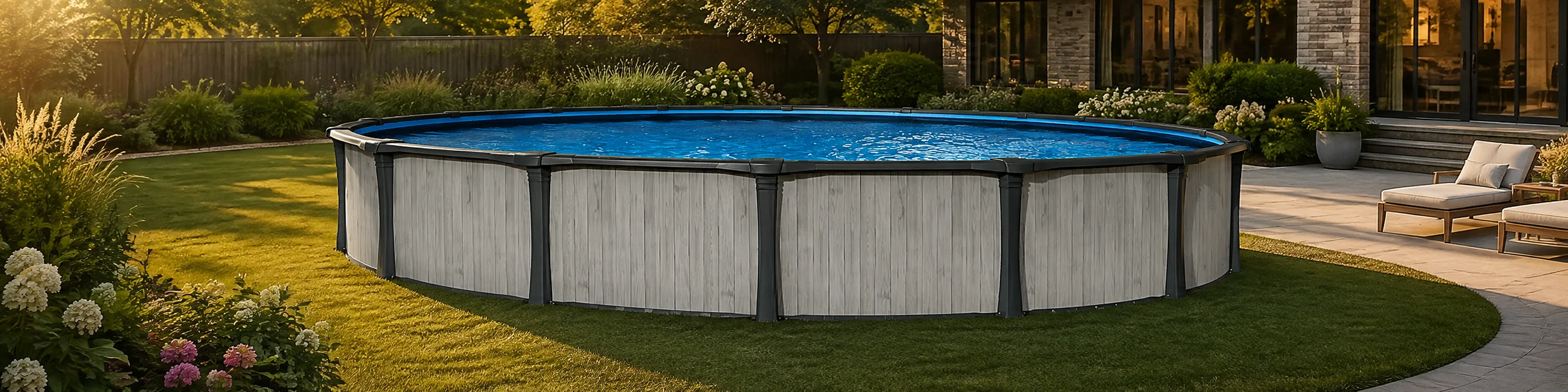 Above-ground pool on a backyard deck on a bright summer day