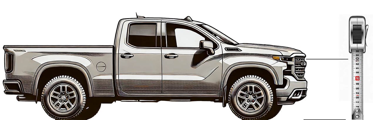Side view illustration of a full-size pickup truck with crew cab, shown with a measurement scale on the right side