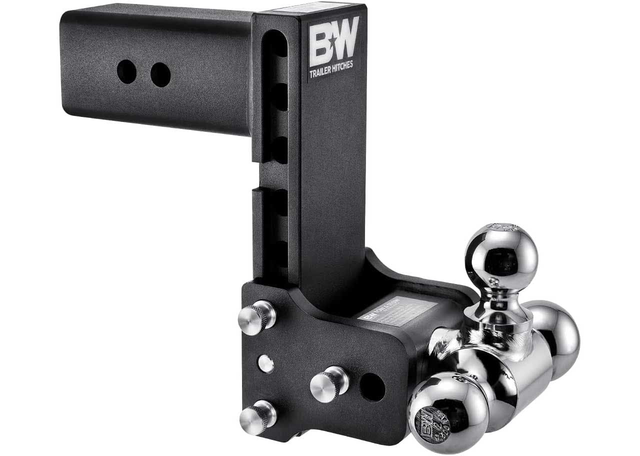 Black BW Trailer Hitches gooseneck hitch with chrome ball mounts and adjustment bolts on white background