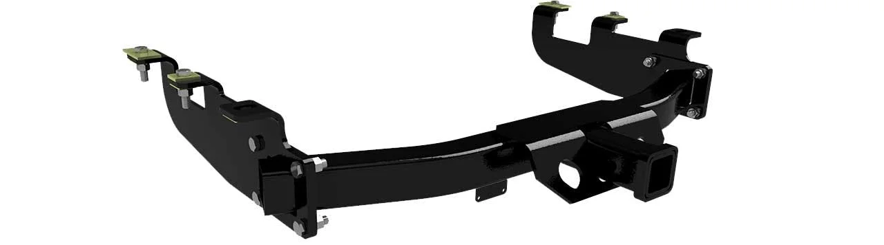 Black steel receiver hitch with dual attachment points and integrated safety chains mounted on truck frame