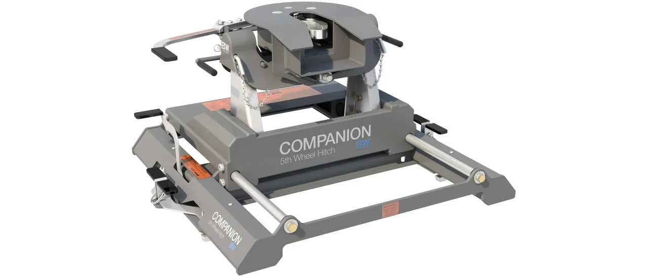 B&W Companion 5th wheel hitch with gray metal base, open coupler, and safety chains shown from above