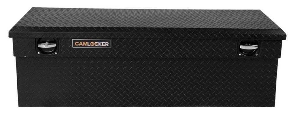 Black aluminum crossover toolbox with diamond-plate surface and CamLocker branding, featuring dual chrome handles on top.