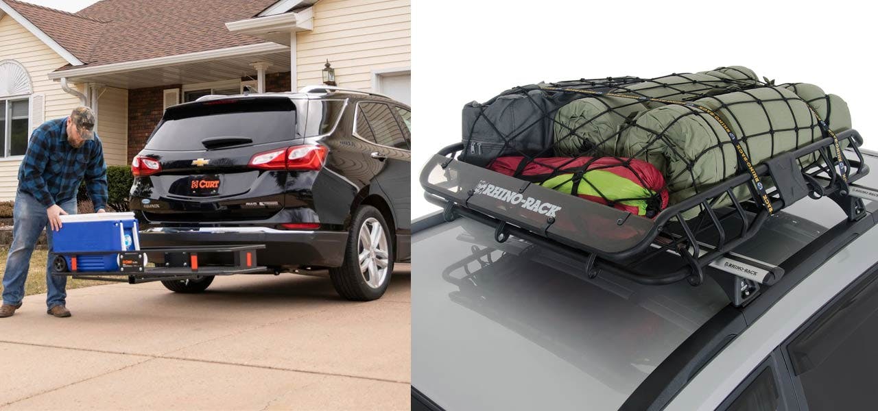 Left: man loading blue hitch-mounted cargo basket on Chevy sedan. Right: Rhino-Rack roof basket with colorful gear and