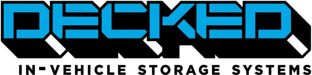 Decked brand logo in blue and black with white accents, featuring the company name and tagline for in-vehicle storage systems