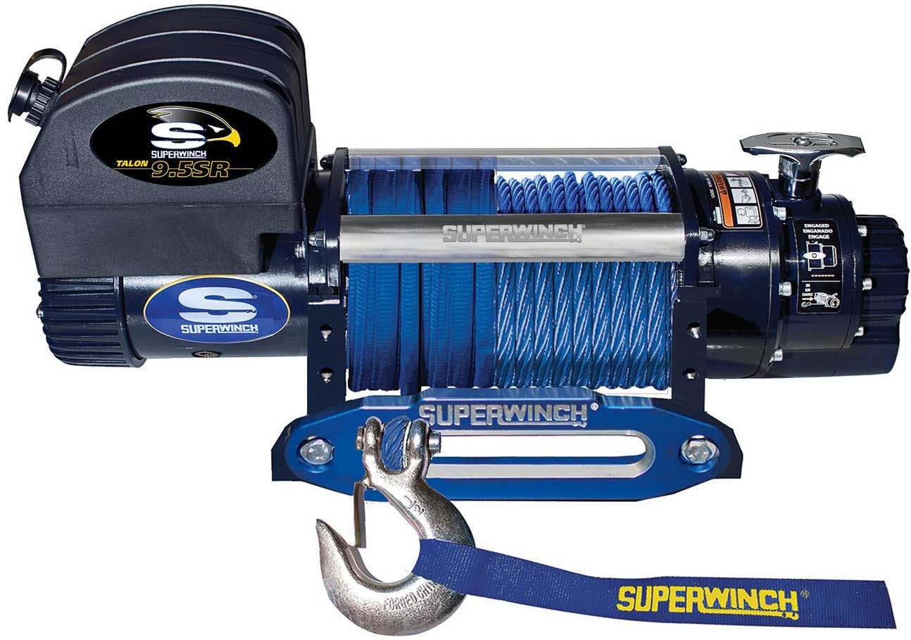 Superwinch Talon 9.5SR electric winch with blue synthetic rope and metal hook attached to blue strap