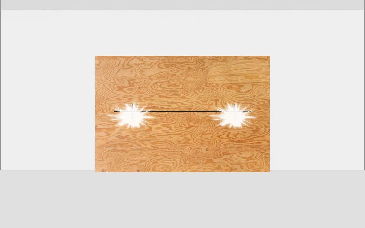 Two bright headlight beams projected onto plywood with a horizontal line and vertical alignment marks between them