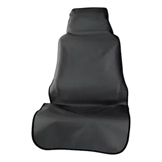 Black fabric truck seat cover with high back and padded cushioning for protection and comfort