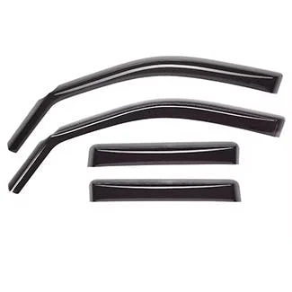 Four black window deflectors arranged in pairs, curved and straight pieces for truck side windows