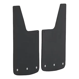 Pair of black rubber mud flaps with mounting hardware holes, designed for truck rear protection