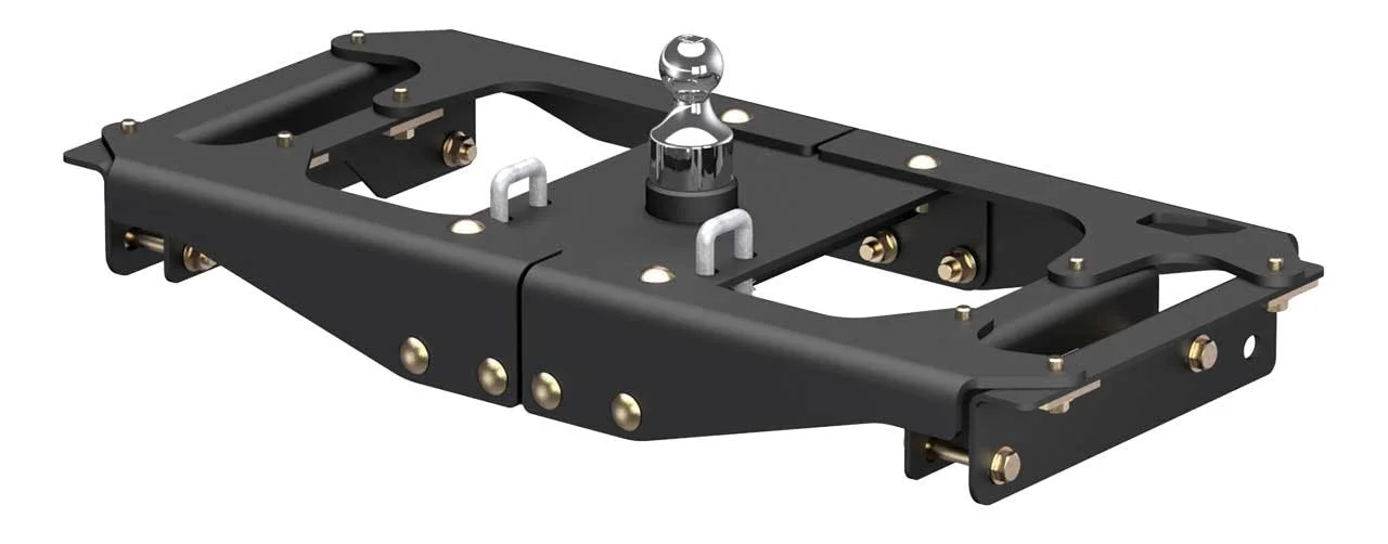 Black steel gooseneck hitch plate with chrome ball mount and brass hardware bolts, viewed from above at an angle