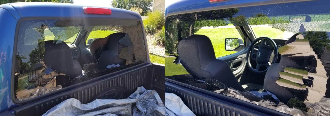 Blue pickup truck bed viewed from two angles showing black seat covers, steering wheel, and ribbed truck bed liner with