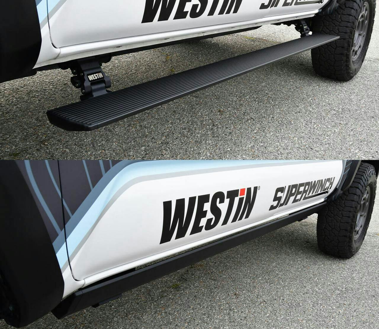 Black ribbed power running board mounted under white truck with Westin branding, shown in retracted and extended positions