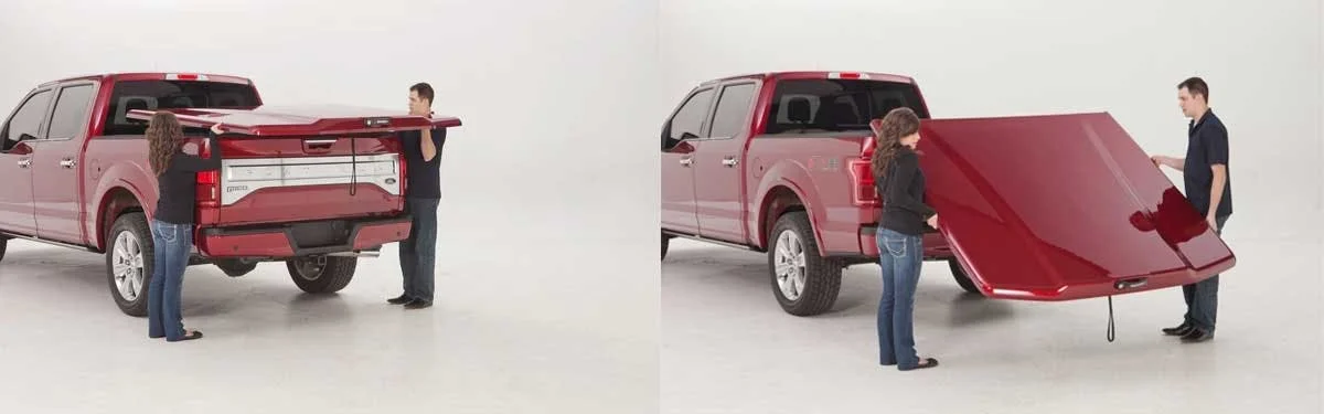 Two-panel demonstration of a red tonneau cover being opened and closed on a red pickup truck bed by two people.