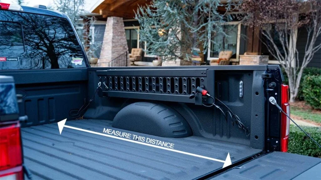 Measuring tape showing truck bed length from cab bulkhead to tailgate with annotation arrows indicating measurement distance.