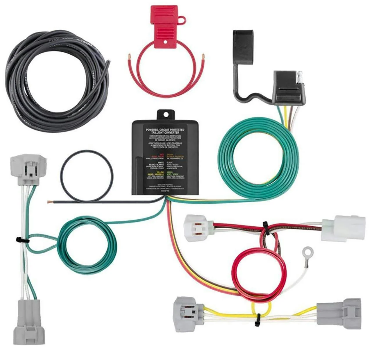 Complete trailer wiring harness kit with cables, connectors, converter box, and colored wires laid out in organized display