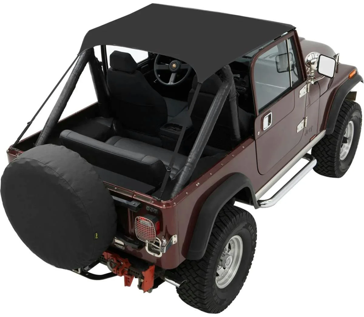 Maroon Jeep with black soft top folded down, showing interior seats, steering wheel, and spare tire mounted on rear.