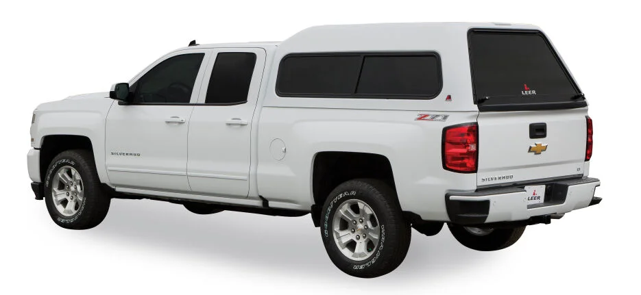 LEER 180CC mid-rise commercial cap on a white Chevrolet Silverado Z71, rear three-quarter driver side