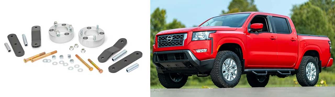 Suspension lift kit components including spacers, brackets, bolts, and shocks displayed next to a red Nissan pickup truck