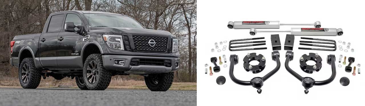 Suspension lift kit components including shock absorbers, control arms, spacers, and hardware laid out separately next to a