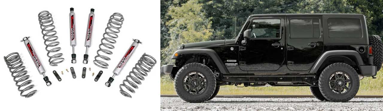 Suspension lift kit with coil springs, shock absorbers, and hardware displayed next to a lifted black Jeep Wrangler