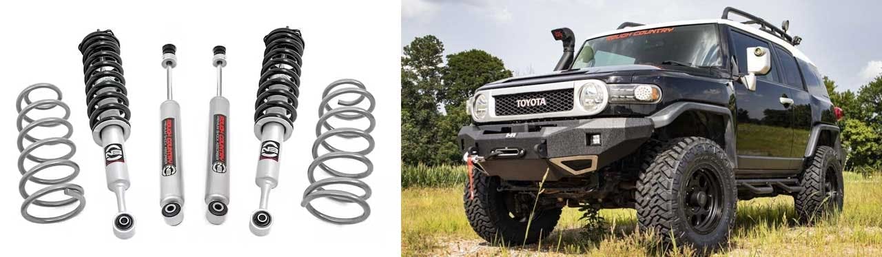 Lift kit components including coil springs, shock absorbers, and struts arranged left; lifted Toyota FJ Cruiser with roof