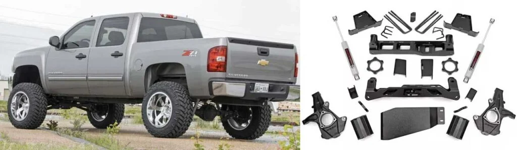 Silver lifted Chevrolet Silverado truck parked on gravel next to flatlay display of suspension lift kit components including