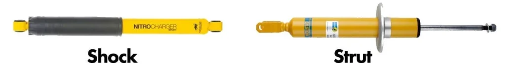 Yellow Nitrocharger shock absorber on left and yellow gas strut on right with metal mounting hardware