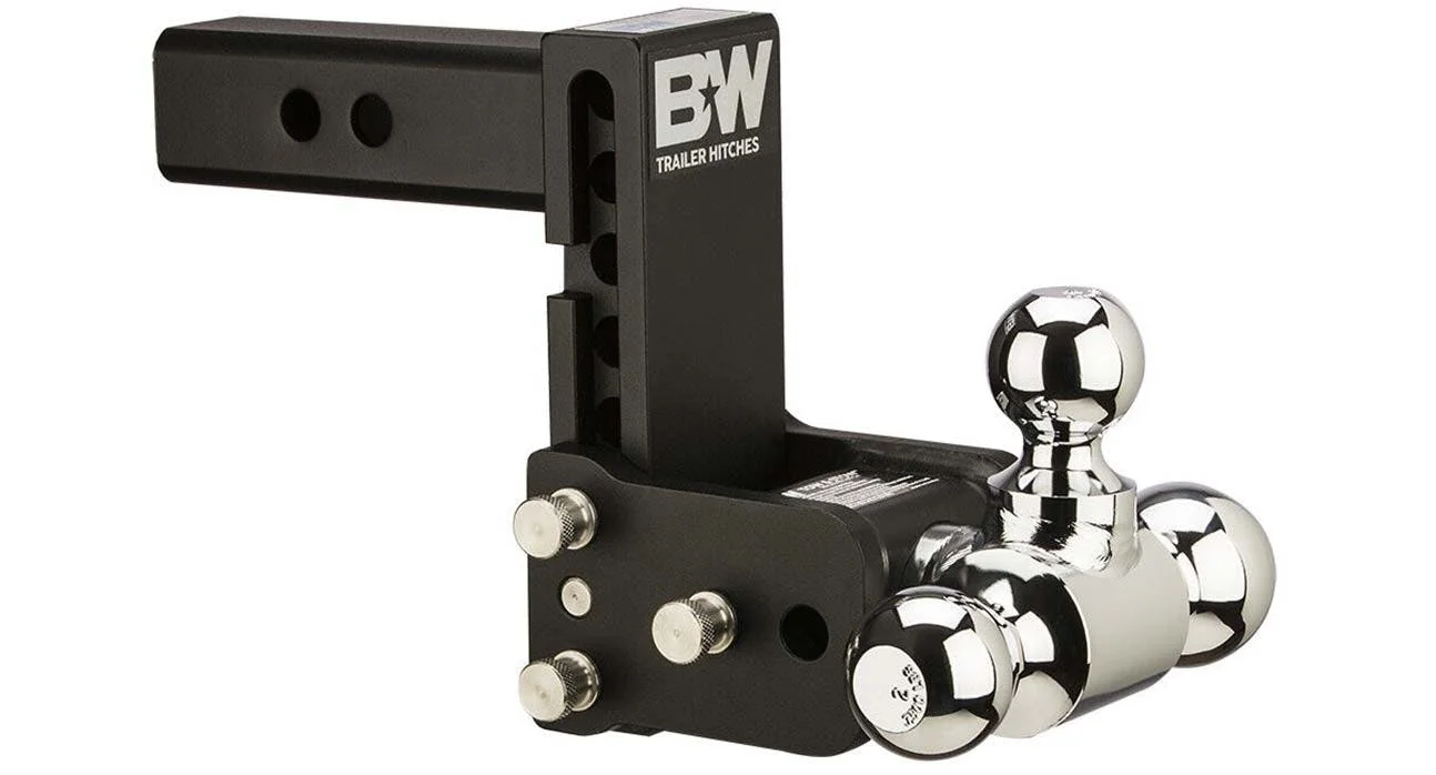 Black BW Trailer Hitches ball mount with three chrome towing balls of different sizes attached to the receiver
