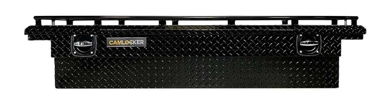 Black diamond plate CamLocker crossover tool box with chrome handles and rail system mounted on truck bed