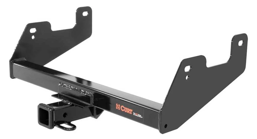 Black metal trailer hitch with extended receiver tube and mounting brackets for vehicle towing