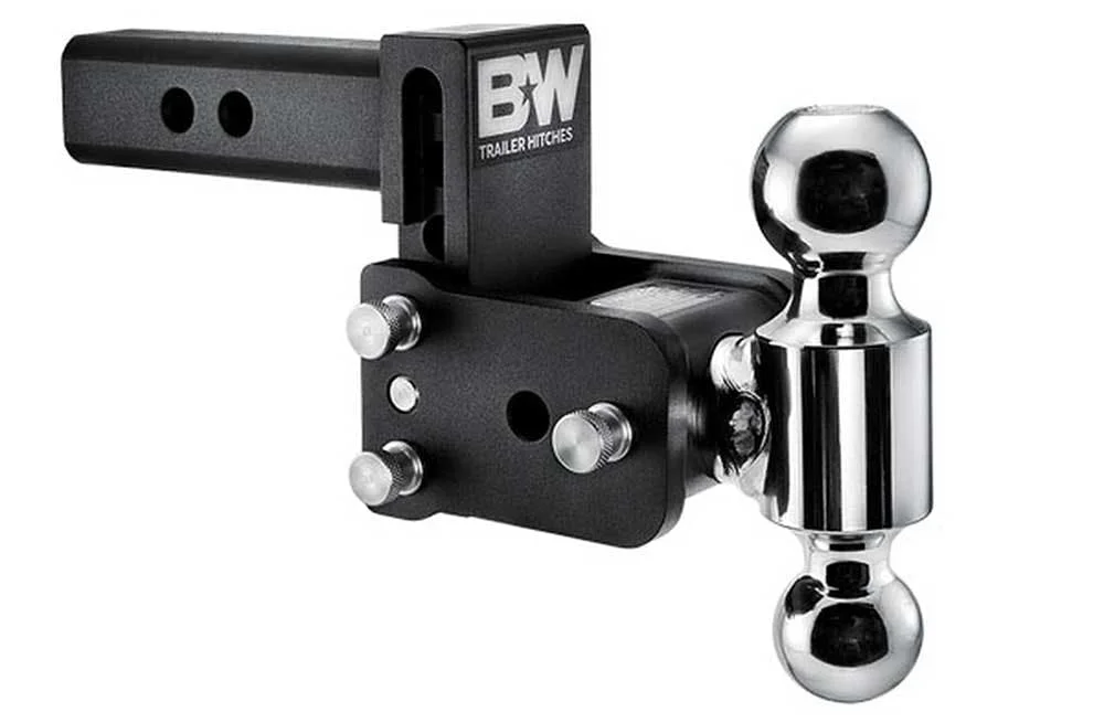BW Trailer Hitches black hitch receiver with chrome ball hitch attachment and steel bolts on white background