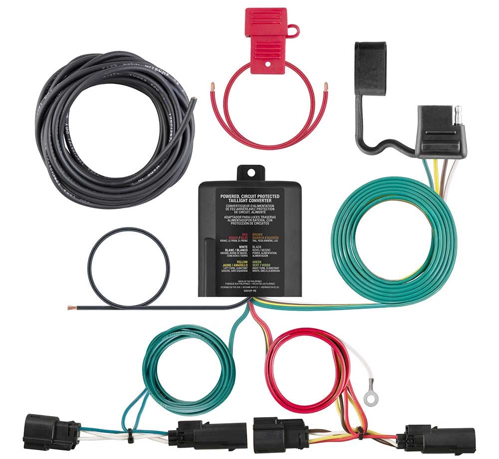 Trailer wiring harness kit with black power cable, green and red wire coils, circuit breaker box, connector clips, and ring