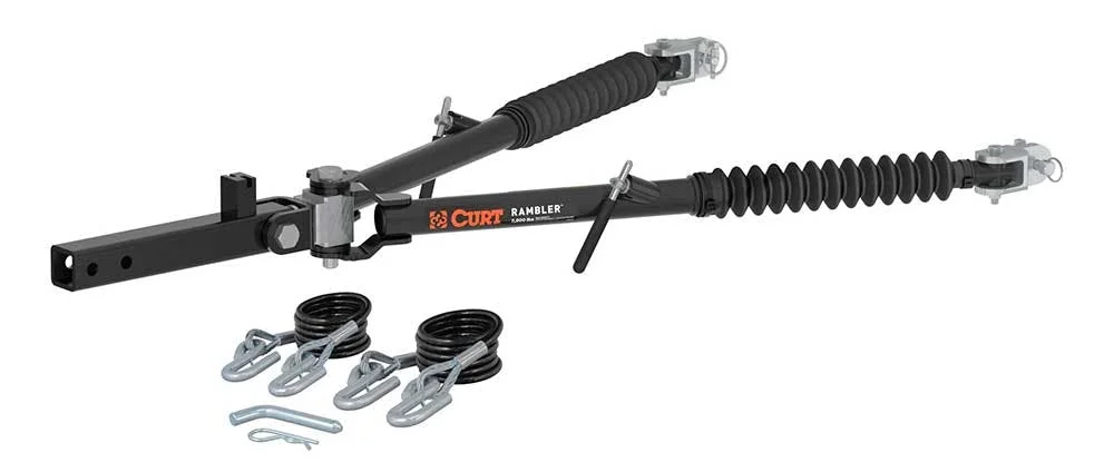 CURT Rambler hitch-mounted weight distribution system with dual sway control bars and four spring brackets with cables.