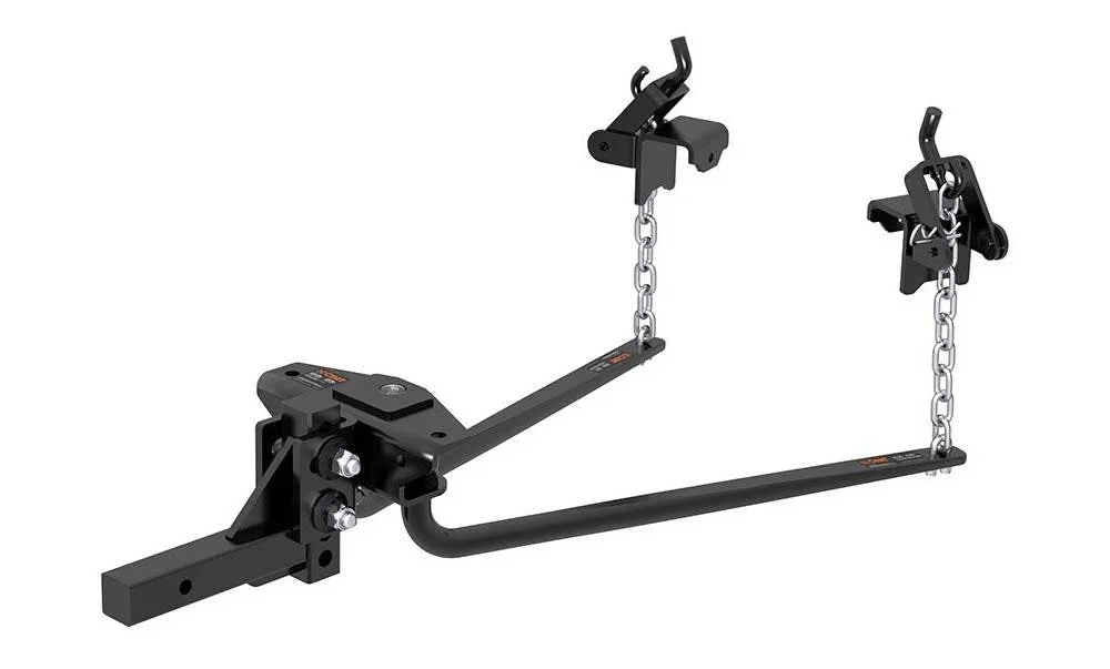 Black tow bar with dual chains and adjustable couplers attached to a hitch mounted receiver.