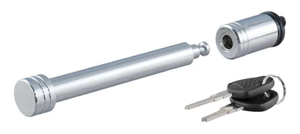 Chrome hitch pin with ball end, matching socket connector, and two black keys attached to silver ring