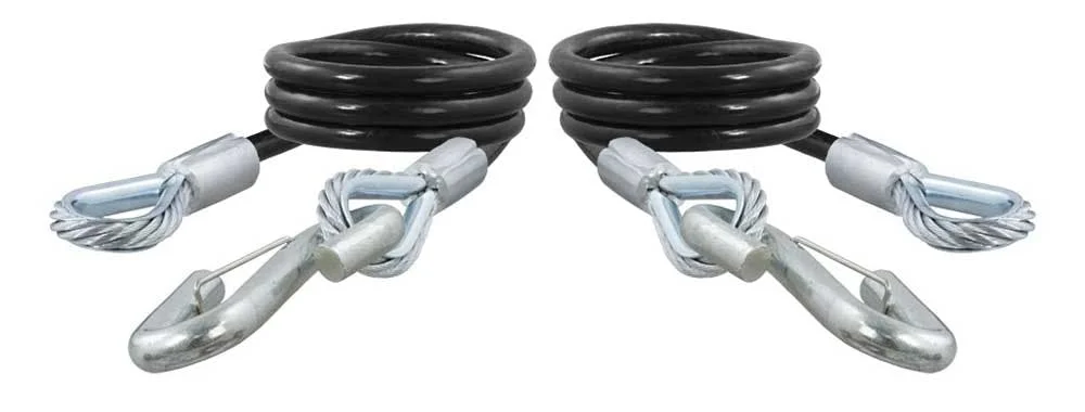 Pair of silver safety chains with braided cable and snap hooks, arranged symmetrically on white background.