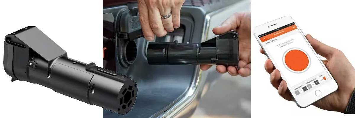 Hands inserting a black cylindrical brake controller into a truck's door frame, with a smartphone app displaying control