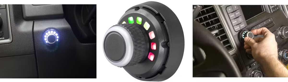 Three trailer brake controller mounting options: illuminated knob on dashboard, wireless remote with green and red indicator