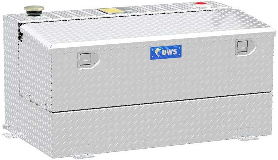 Silver UWS aluminum foot locker box with diamond plate surface and latches, mounted for truck bed storage