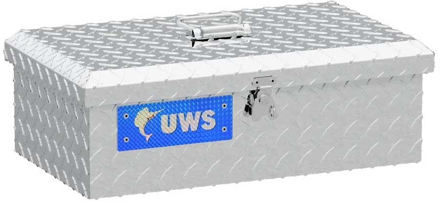 Silver aluminum tool chest with UWS branding and blue logo on front, featuring diamond plate lid and handle on top.