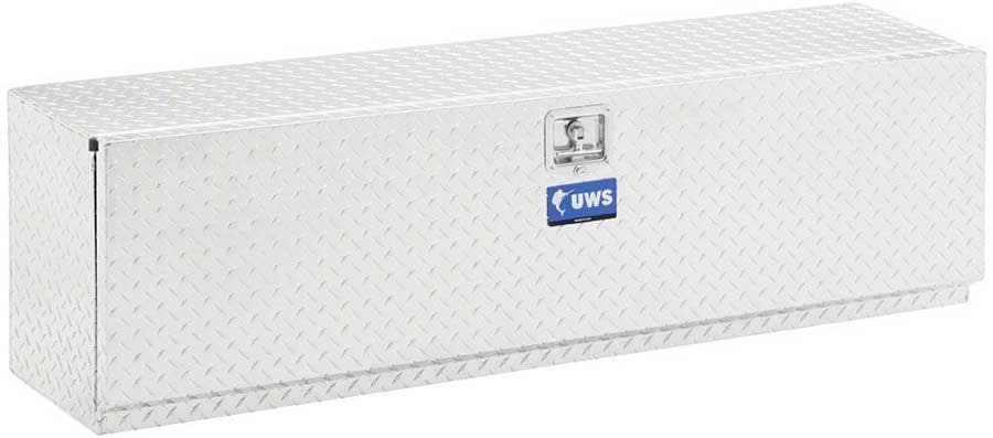 Silver diamond-plate aluminum toolbox with UWS branding and a latch mechanism on the front.