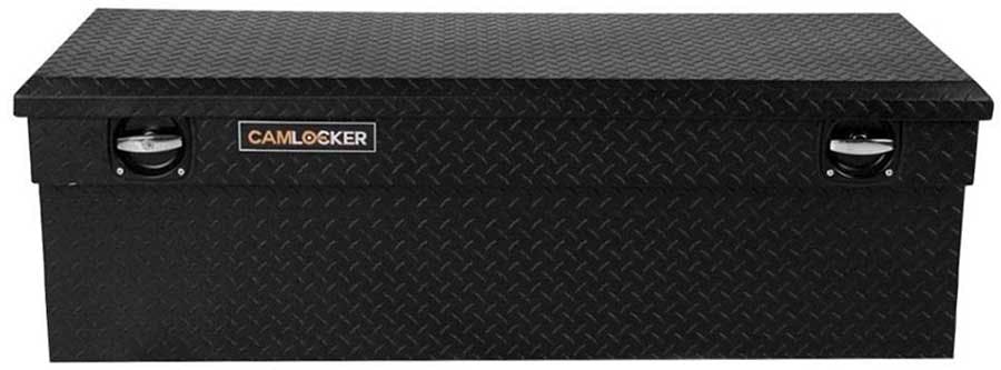 Black CamLocker chest tool box with diamond plate surface and chrome handles on lid
