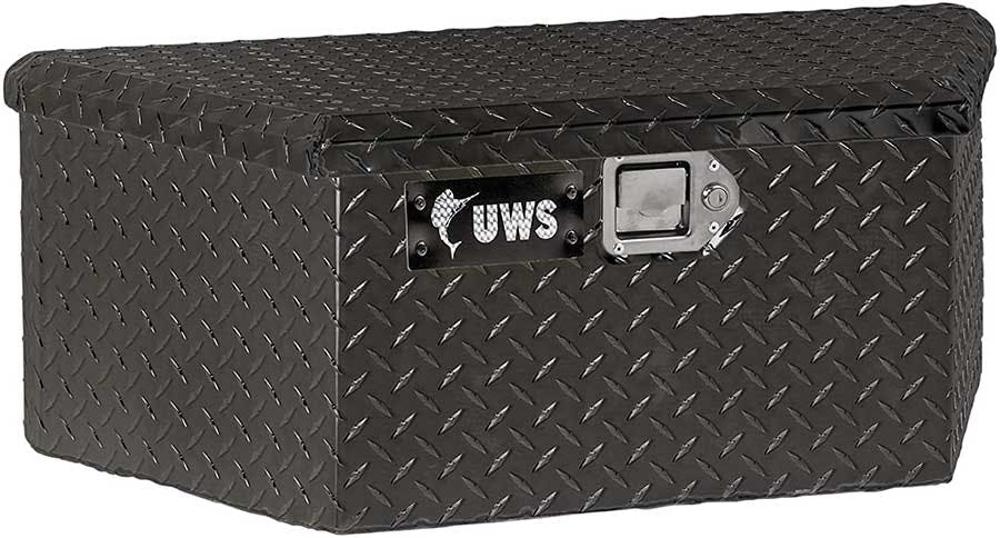 Black diamond-plate steel chest box with UWS logo and silver latches and handles